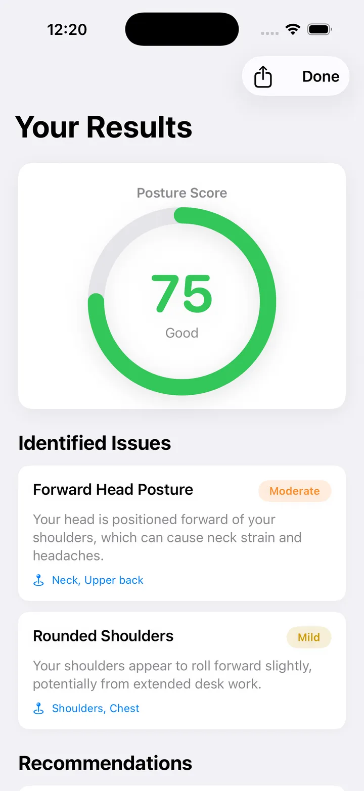Uncurl results screen: Posture Score 75, Good; Forward Head Posture — Moderate; Rounded Shoulders — Mild.